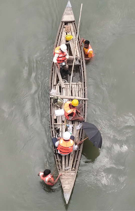 ATGL Assam Team conducting Hydrographic Survey across Gaurang river for steel pipeline project in Kokrajhar